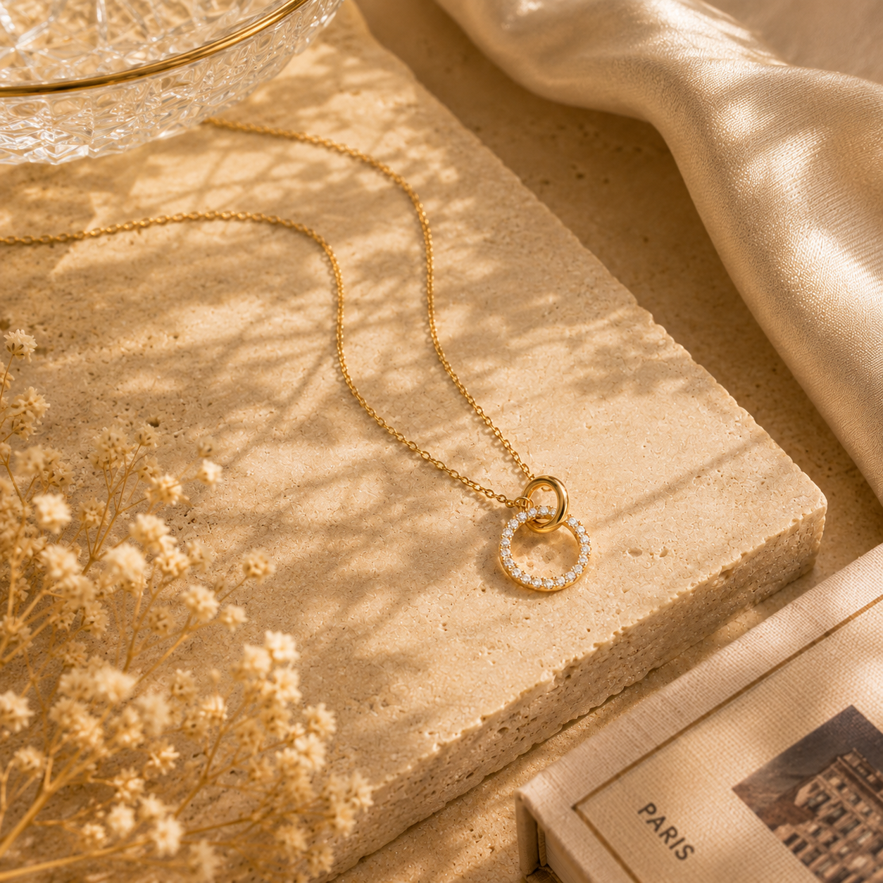 Aura-Gold Crystal Circle Pendant Necklace
