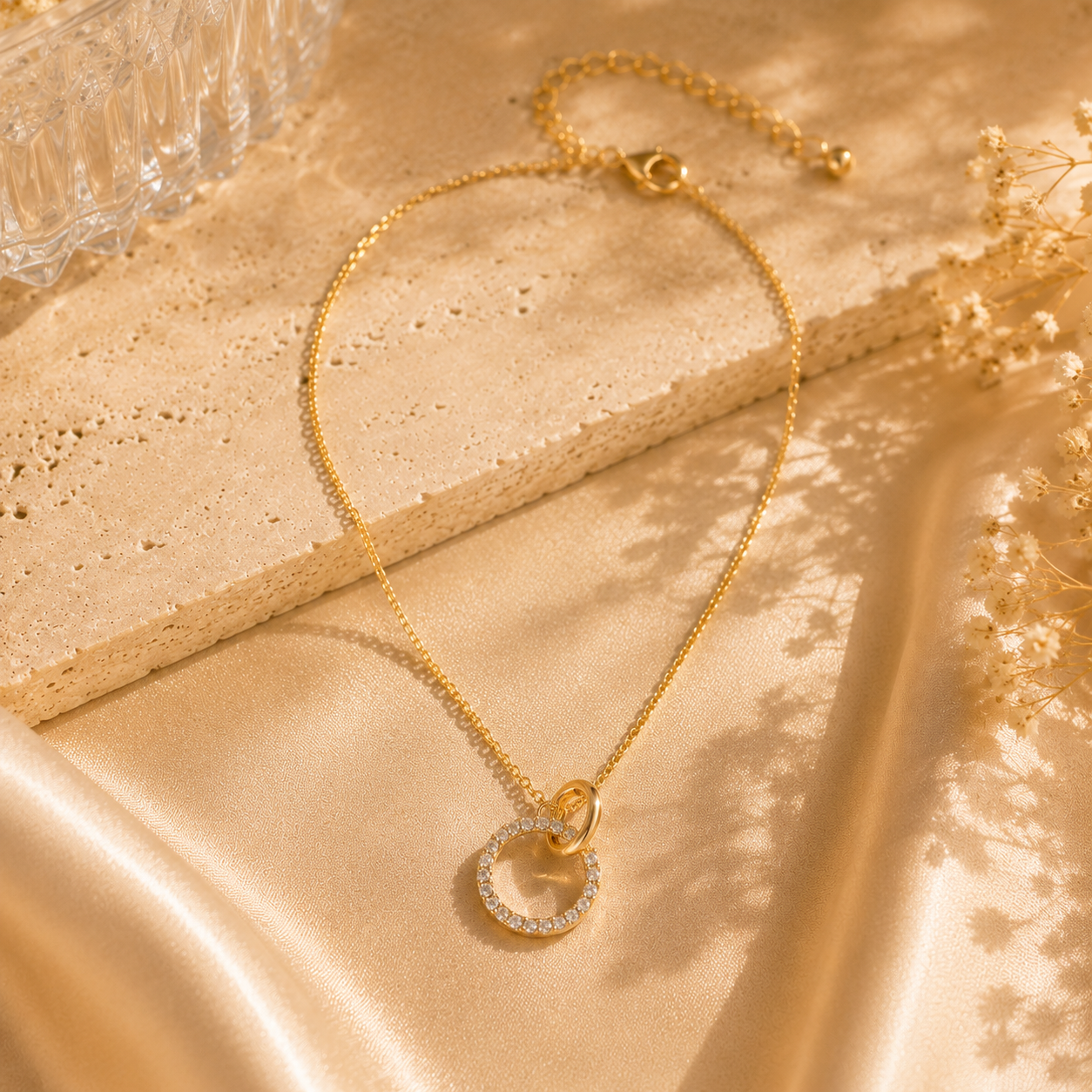 Aura-Gold Crystal Circle Pendant Necklace